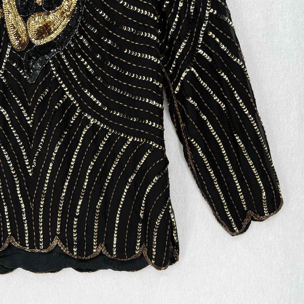 VINTAGE 80s Sequin Top Women Small Black Gold Beaded Silk Party Blouse Disco - Picture 12 of 16